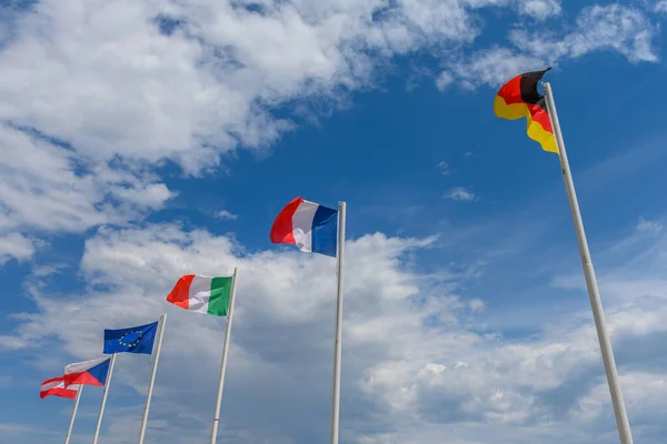 Austrian French German Czech Italian Flags Waving Wind Beautiful Sunny — Stockfoto