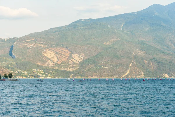 Big group of optimist dinghies sailing and training on the beautiful Garda lake, Trentino, Italy. It is a beautiful sunny summer day