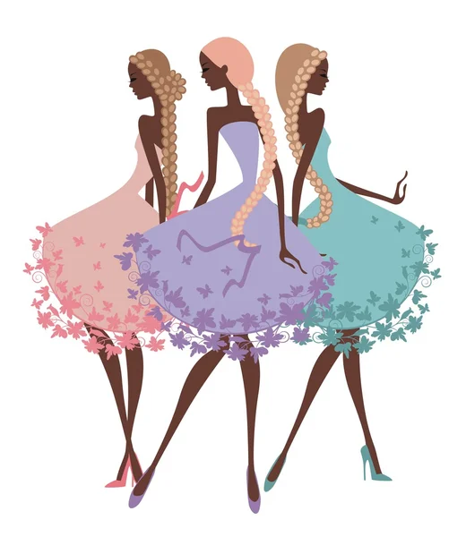 Trois filles silhouette avec des tresses — Image vectorielle