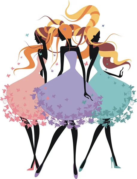 Tres chicas silueta — Vector de stock