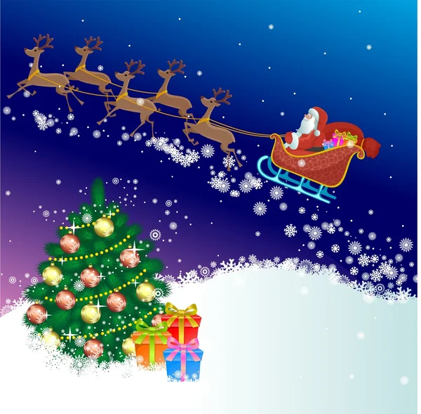 Santa claus en Spar-boom met decoraties — Stockvector