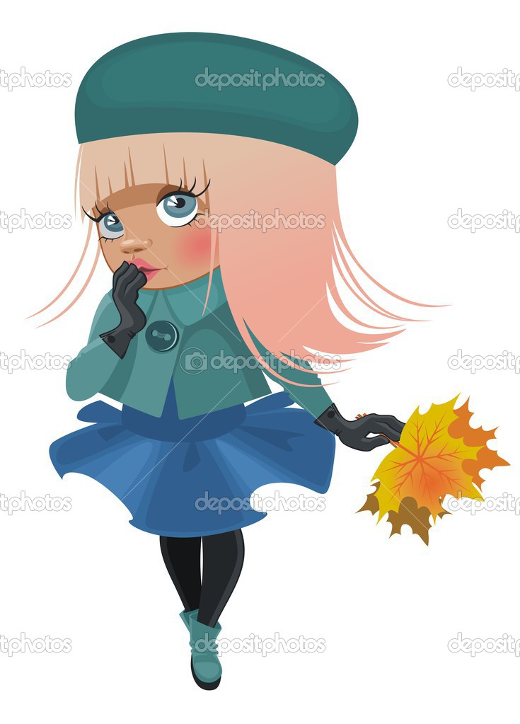 Cartoon girl in a jacket with autumn leaves