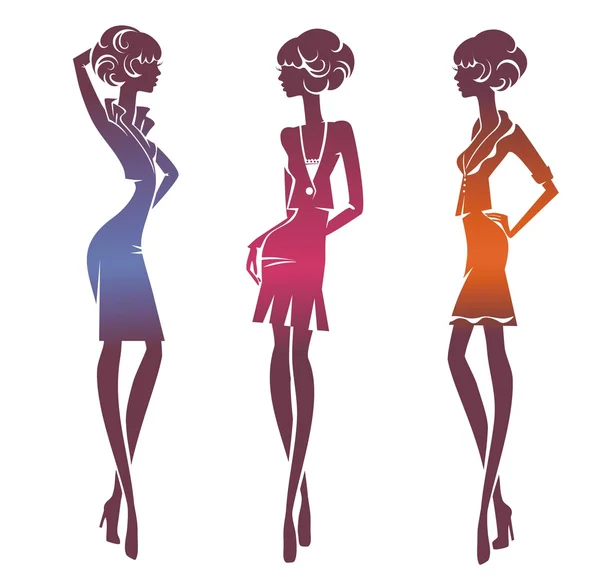 Three silhouette stylish girls isolated on a white background — Stock Vector