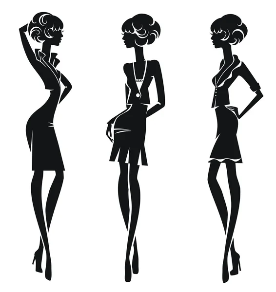 Three silhouette stylish girls — Stock Vector