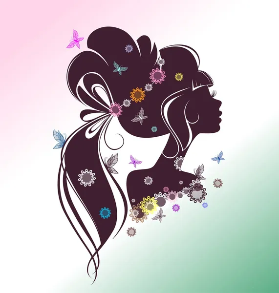 Portrait d'une fille avec des fleurs et des papillons — Image vectorielle