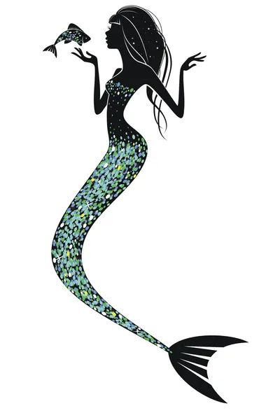 Una silhouette da sirena con un pesce.Illusione — Vettoriale Stock