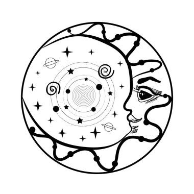 Ay ve güneş sistemi el çizimi vektör çizimi