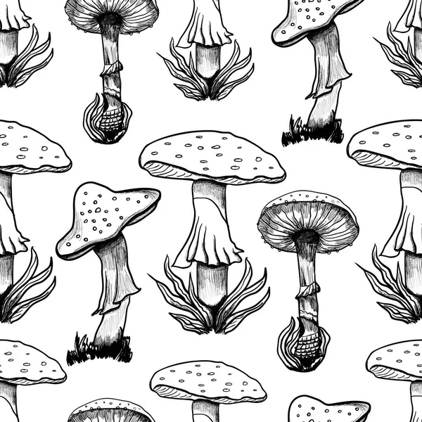 Amanita Mushrooms Vector Sketch Seamless Pattern — Stockvektor