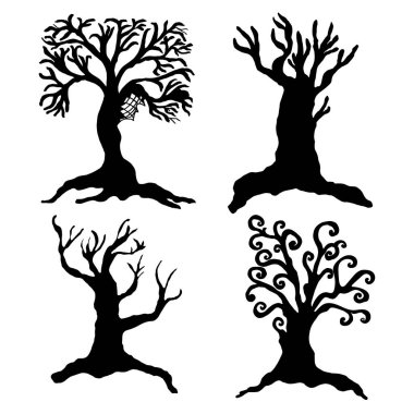 Yapraksız eski ağaçların siyah siluetleri.