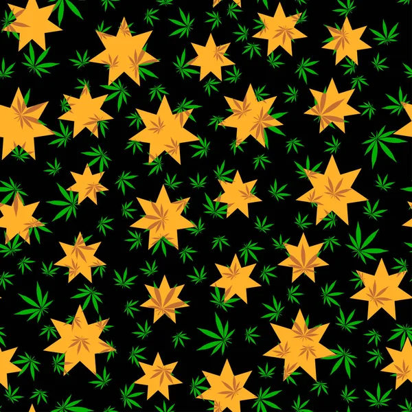 Cannabis Sömlös Mönster Gröna Blad Marijuana Svart Bakgrund Med Gula — Stock vektor