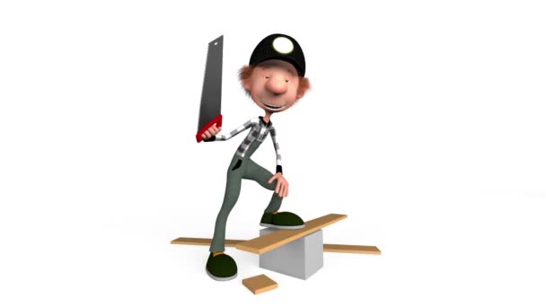 The 3D boy with a hacksaw on a tree — Stock Video