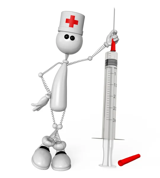 The 3D white person with a medical syringe. — Stock Photo, Image