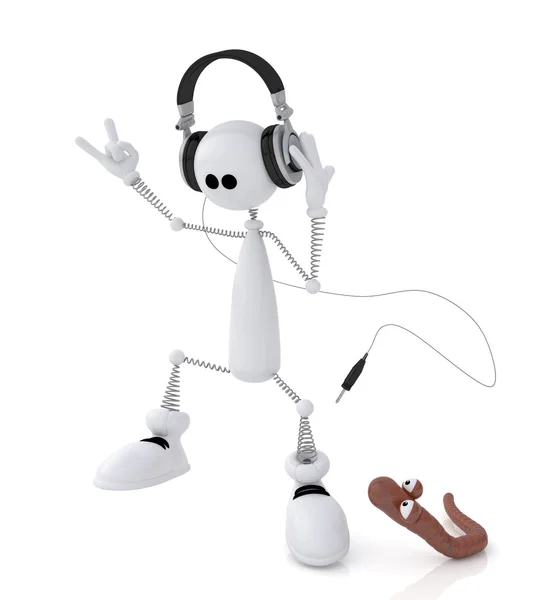 The 3D little man with earphones. — Stock Photo, Image