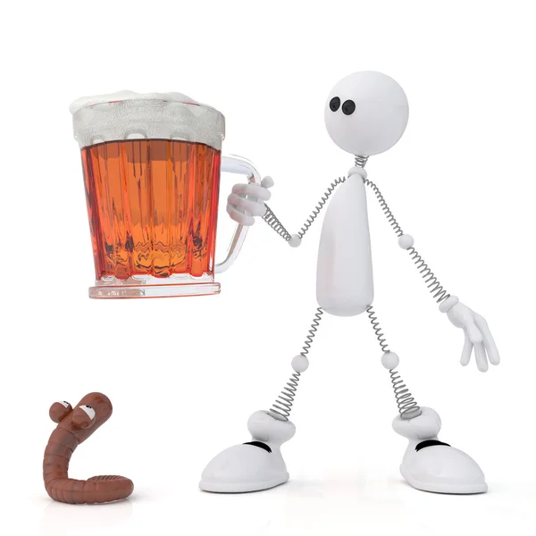 The 3D little man with beer. — Stock Photo, Image