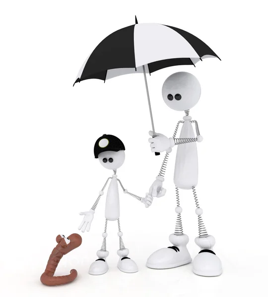 O homenzinho 3D com a criança em uma chuva . — Fotografia de Stock