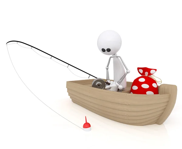 3d white little man fisherman. — Stockfoto