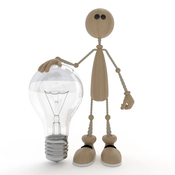 The 3D little man with a bulb. — Stock Photo, Image
