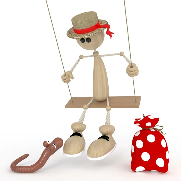 The 3D little man on a swing. — Stock Photo, Image