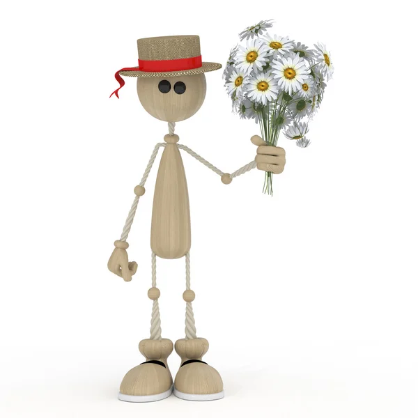 The 3D little man with flowers. — Stock Photo, Image