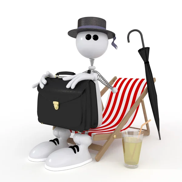 De 3D-kleine zakenman op een strand. — Stockfoto