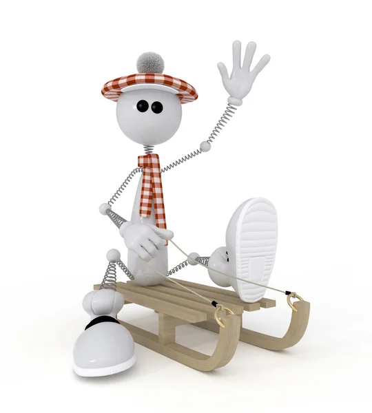 The 3D little man on a sledge. — Stock Photo, Image