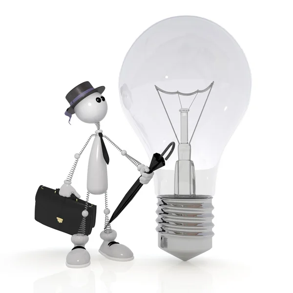 The 3D little man with a bulb. — Stock Photo, Image