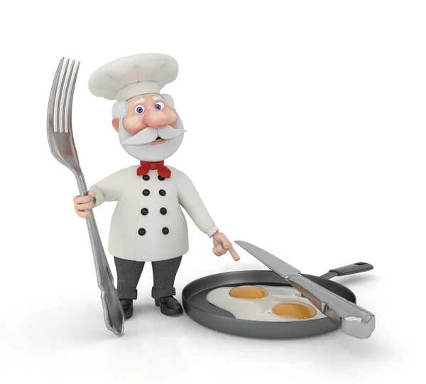 Il cuoco 3D con una forchetta e uova fritte . — Foto Stock