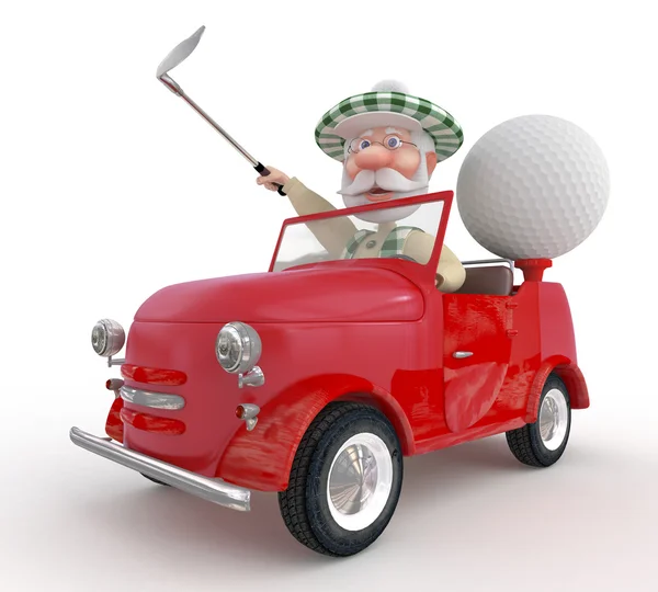 3d little man golfist  by car. — Stock Photo, Image
