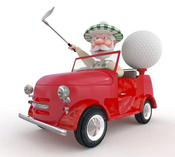 3d kleiner Mann golfste mit dem Auto. — Stockfoto