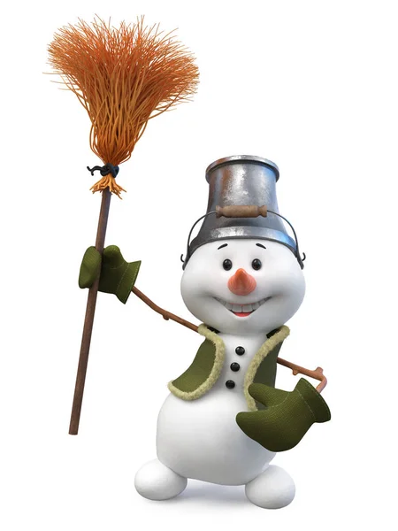 3Dイラスト彼の頭の上にほうきとバケツを持つ陽気な雪だるまは新年を祝います ストック写真