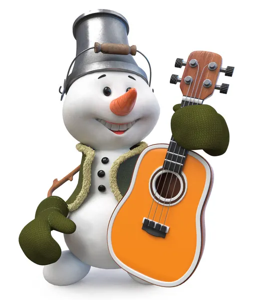 3Dイラストギターとバケツを頭に持つ陽気な雪だるまが新年を祝います ストック画像