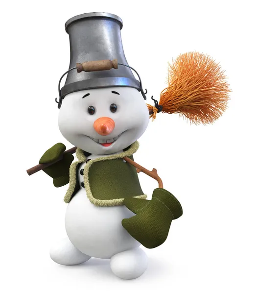 Ein Fröhlicher Schneemann Mit Besen Und Eimer Auf Dem Kopf — Stockfoto
