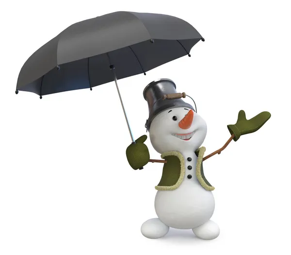 Illustration Glad Snögubbe Med Ett Paraply Och Hink Huvudet Firar — Stockfoto