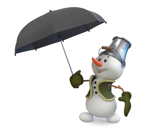 Ilustração Boneco Neve Alegre Com Guarda Chuva Balde Cabeça Celebra — Fotografia de Stock