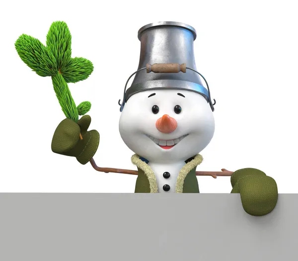 3Dイラスト彼の頭の上にポスターとバケツを持つ陽気な雪だるまは新年を祝います ロイヤリティフリーのストック画像