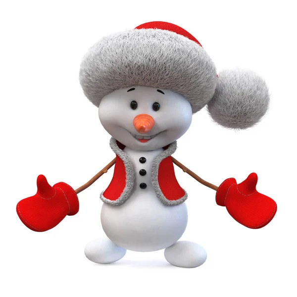 一个戴着圣诞老人帽子的快乐雪人在寒假里玩得开心 — 图库照片