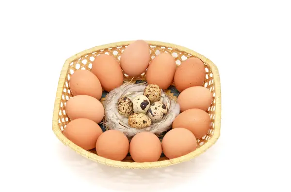 Panier avec différents œufs — Photo