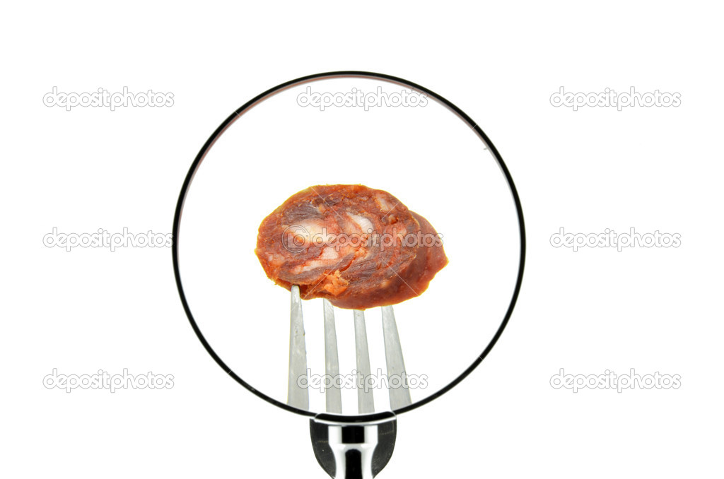 A piece of sausage on a fork punctured seen behind a magnifying glass