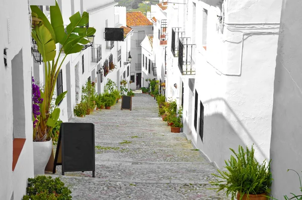 Moradias ao longo de uma típica rua da aldeia caiada de branco, Frigiliana, Andaluzia — Fotografia de Stock
