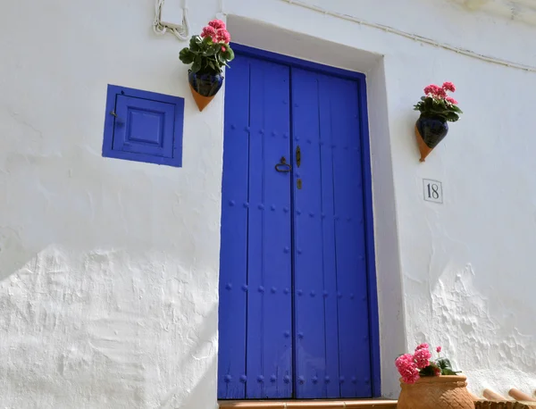 Голубая испанская дверь и горшок герань — стоковое фото