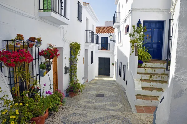 tipik bir boyunca Townhouses badanalı köy sokak, frigiliana, İspanya