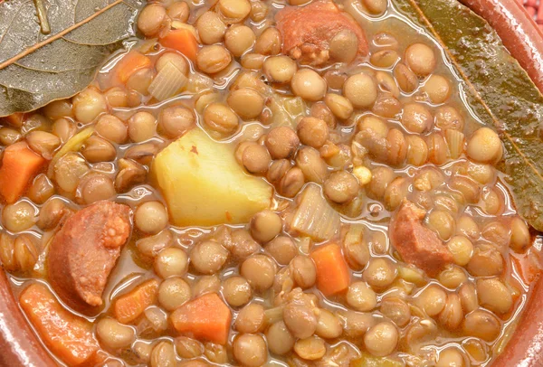 Guisado de lentilha marrom em tigela com legumes — Fotografia de Stock