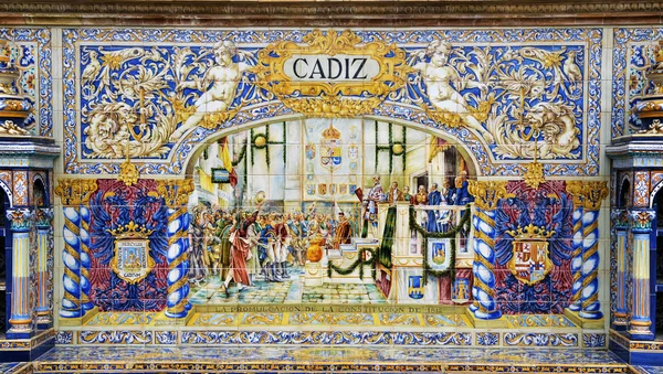 Famosa decoración cerámica en Plaza de Espana, Sevilla, España. Tema Cádiz . — Foto de Stock