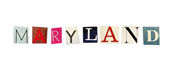 Maryland słowo utworzone z magazynu listów na białym tle — Zdjęcie stockowe