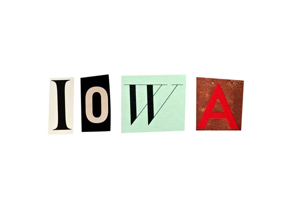 Iowa parola formata con lettere di rivista su sfondo bianco — Foto Stock