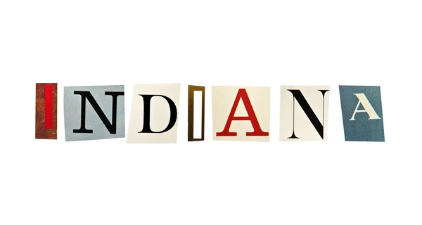 Indiana word formed with magazine letters on a white background — Stock Photo, Image