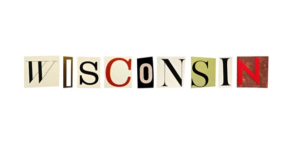 Wisconsin ord bildas med tidningen bokstäver på vit bakgrund — Stockfoto