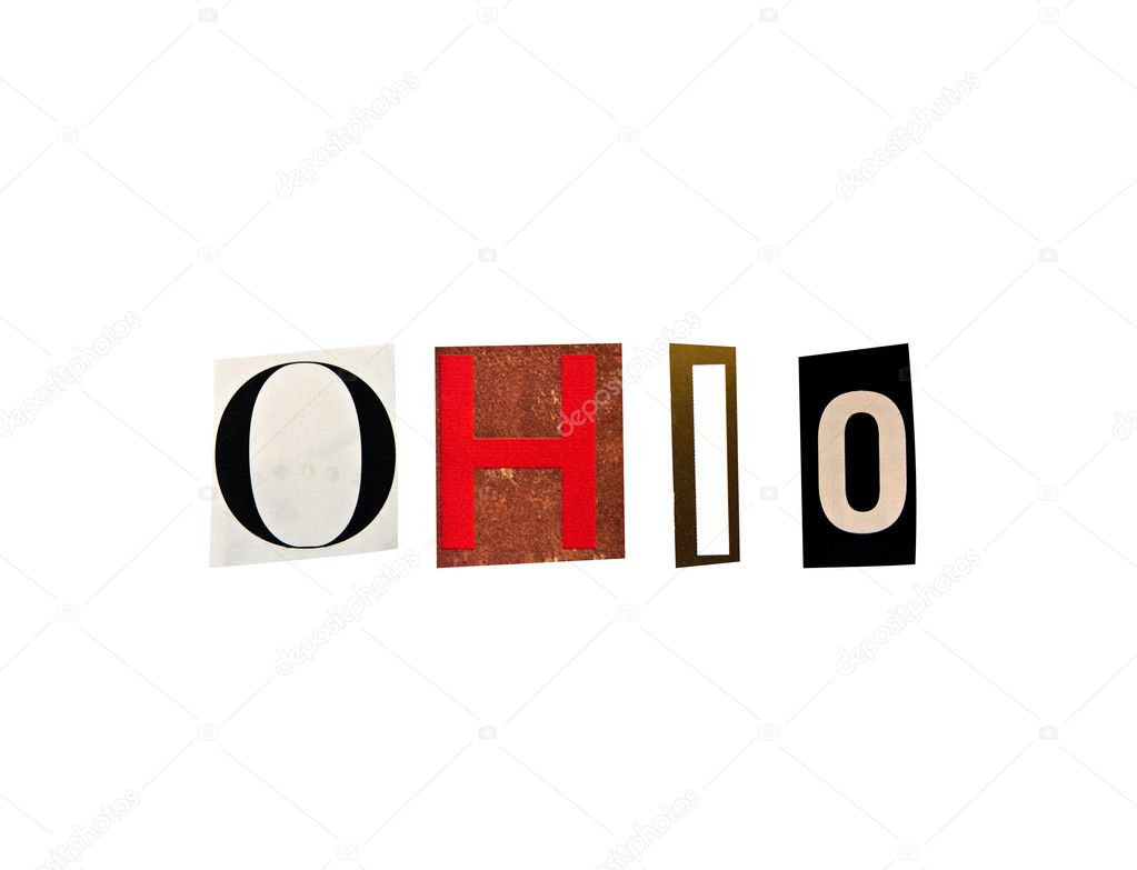 Ohio word formed with magazine letters on a white background