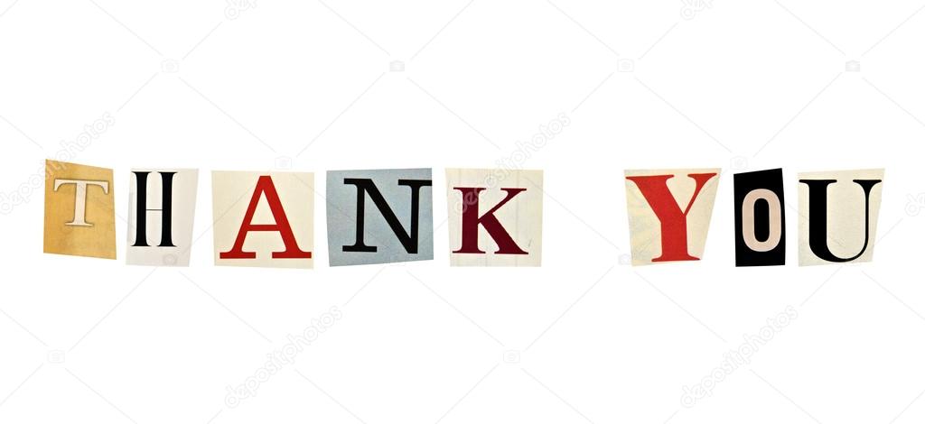 The phrase Thank You formed with magazine letters on white background
