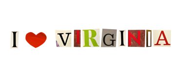 I Love Virginia, beyaz arka planda dergi harfleriyle kurulmuştur.